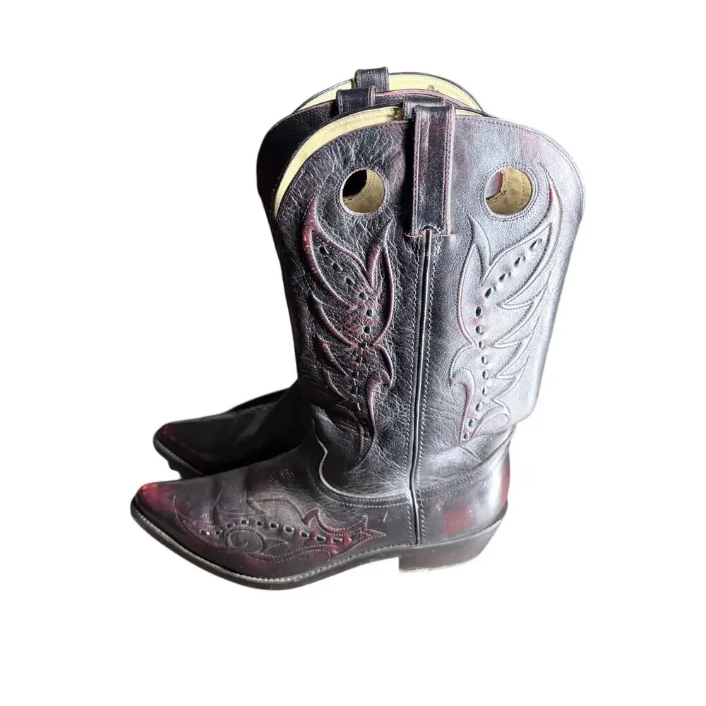 Vintage Durango Dark Cherry Black Leather Buckaroo Cowboy Boots Pointed Toe